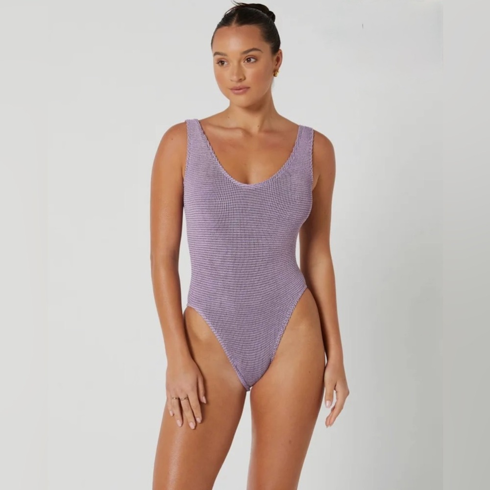 Bond-eye Mara One piece Women's Swimsuit NWT One Size Ribbed Lavender Lurex